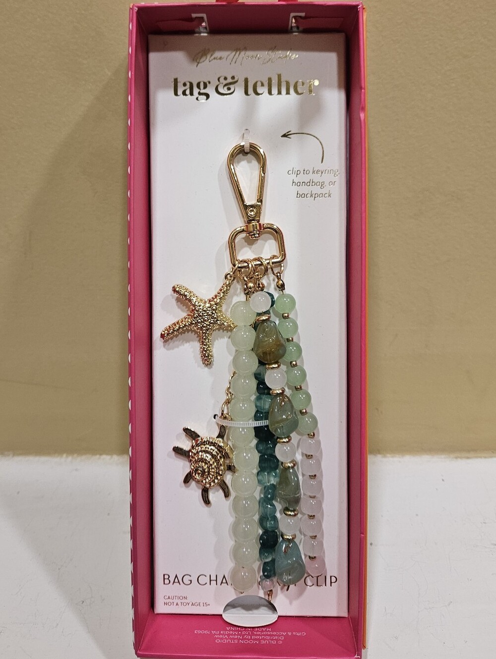 Teal & Gold Beach Beaded Bag Charm with Starfish and Sea Shell - Picture 4 of 5